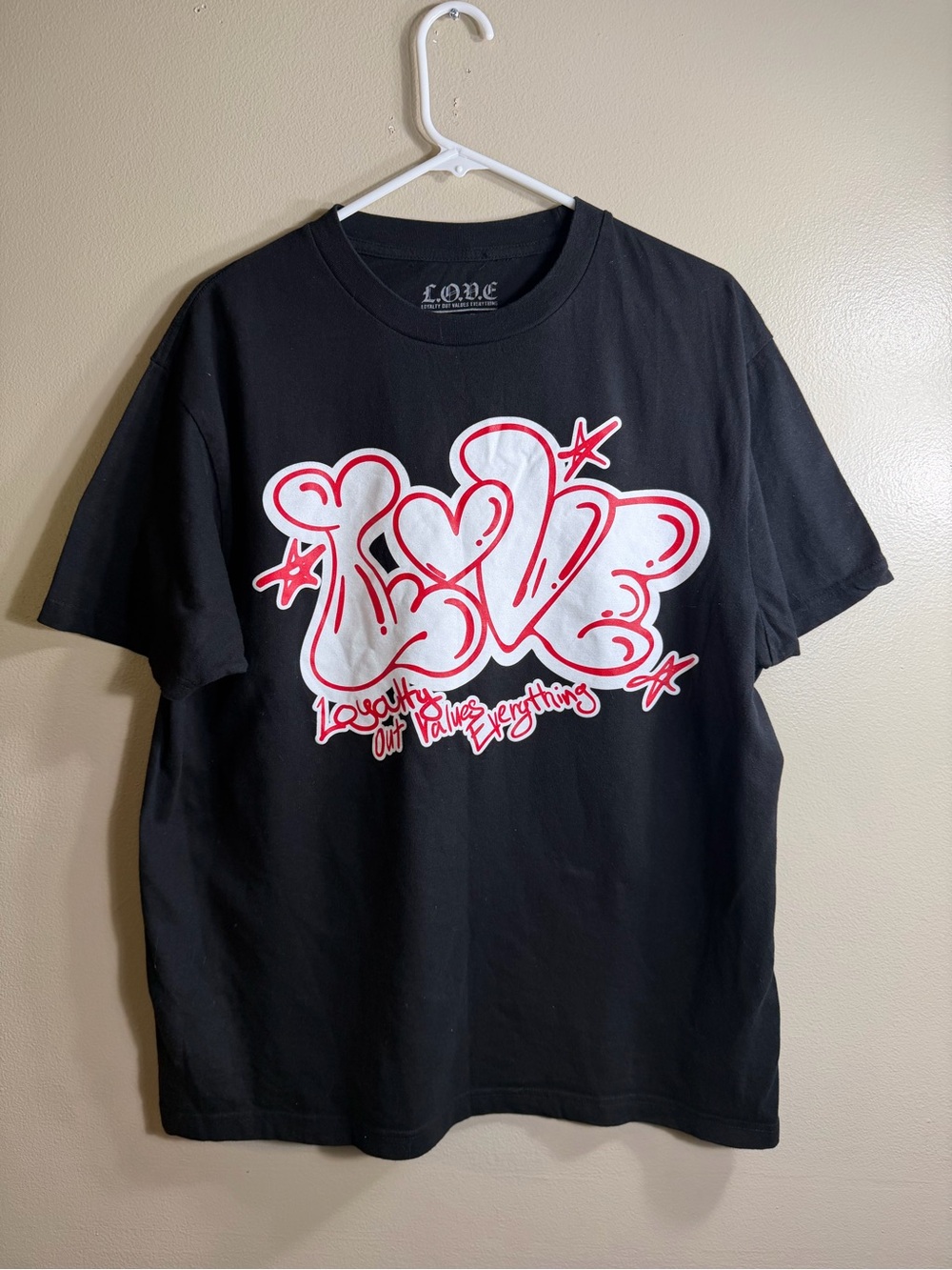 L.O.V.E. Loyalty Out Values Everything Graphic Tee Black Sz L and